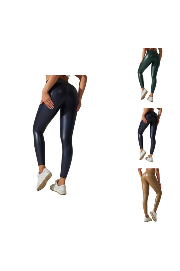 Leggings for Women Shiny Leather High Waist Nine Point Pants Sexy Stretch Tight Yoga Trousers Leather Athletic Bottoms for Night Out