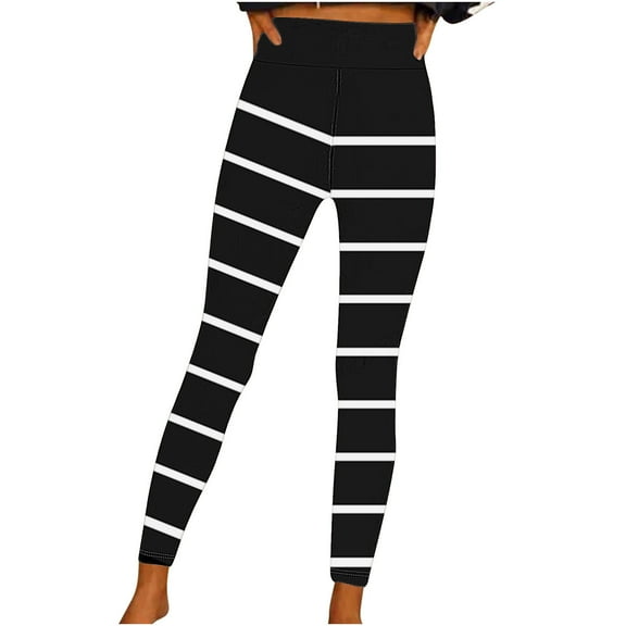 Leggings for Women Striped Printed High Waist Hip Lifting Yoga Full Length Pants Workout Running Leggings (L, Black)