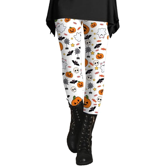 Leggings for Women Tummy Control Halloween High Waisted Athletic Soft Printed Workout Pants Fitness Clothing White M