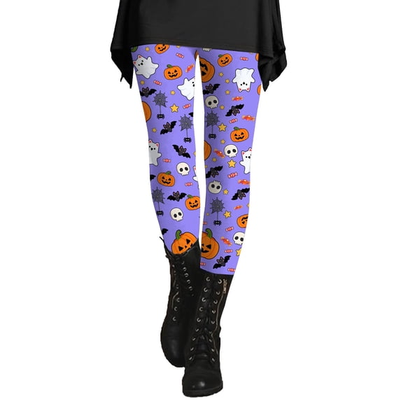 Leggings for Women Tummy Control Halloween High Waisted Athletic Soft Printed Workout Pants Purple Fitness Clothing XXL