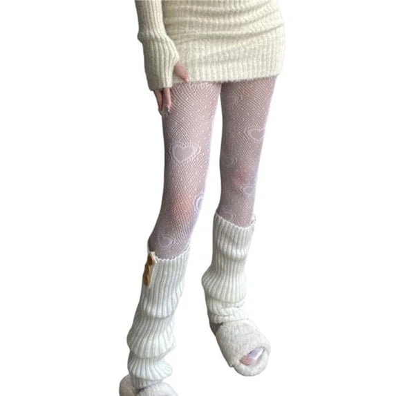 Leggings for Women White Cute Love Heart Fishnet Stockings Stretchy Hollow Out Pantyhose Tight for Women Cosplay Tights One Size