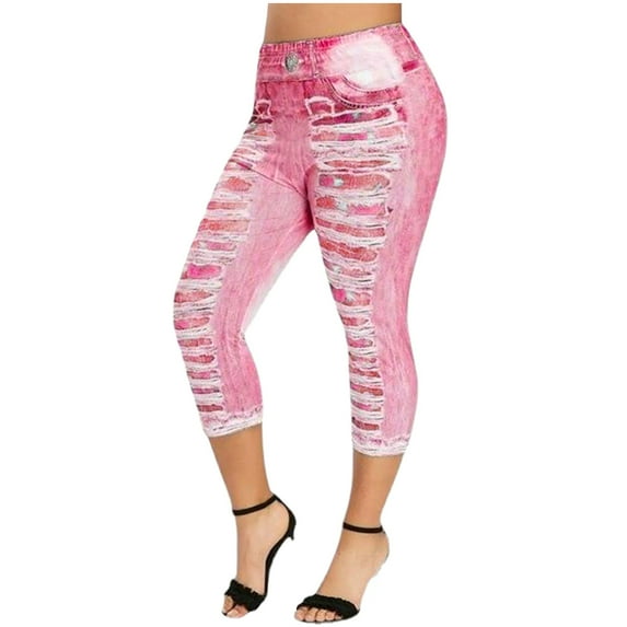 Leggings for Women under $5! Cagogo Faux Denim Leggings for Women Plus Size High Waisted Yoga Pants Capri Jeggings Short Tights Stretch Denim Jeans