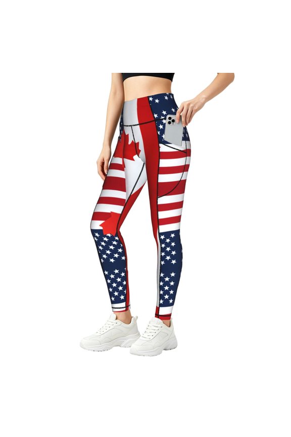Leggings with Pockets Canada Us Friendship Flag Combination High Waisted Tummy Control Yoga Pants Womens Workout Gym Leggings Small