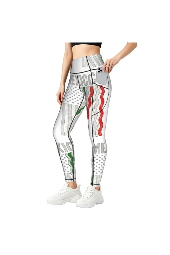 Leggings with Pockets Mexico-America Flag High Waisted Tummy Control Yoga Pants Womens Workout Gym Leggings Small