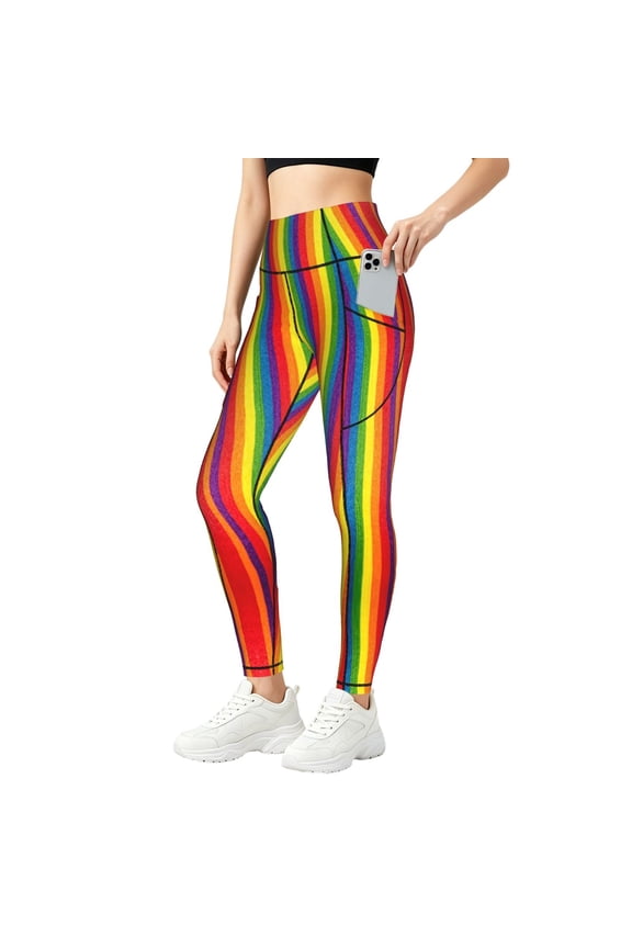 Leggings with Pockets Rainbow Stripe Print High Waisted Tummy Control Yoga Pants Womens Workout Gym Leggings Large