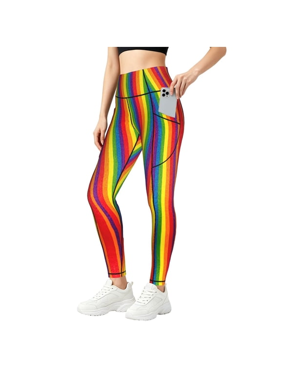 Leggings with Pockets Rainbow Stripe Print High Waisted Tummy Control Yoga Pants Womens Workout Gym Leggings Large