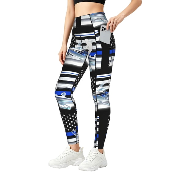 Leggings with Pockets Thin Blue Line Flag Platinum Snowmobile High Waisted Tummy Control Yoga Pants Womens Workout Gym Leggings 4X-Large