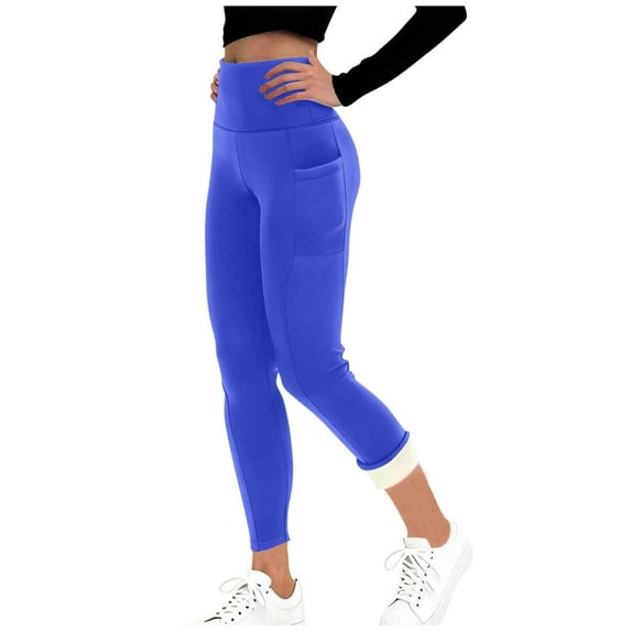 Leggings with Pockets for Women High Waisted Fleece-Lined Yoga Dress Pants for Fall and Winter Blue XL