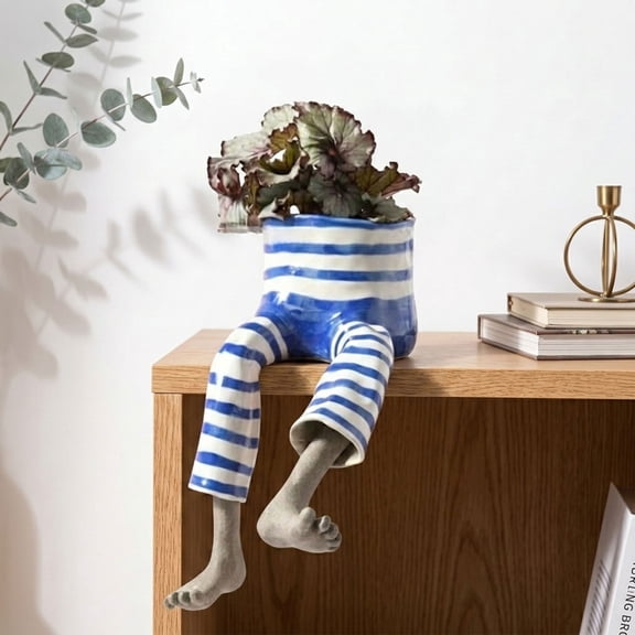 Leggy Planter, Funny Planter Set with Legs, Creative Sitting Human Shaped Resin Planter for Succulents & Small Plants(Blue and white trousers)