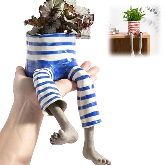 Leggy Planter – Funny Sitting Human-Shaped Resin Planter with Legs, Creative Plant Pot for Succulents & Herbs (Blue denim skirt)