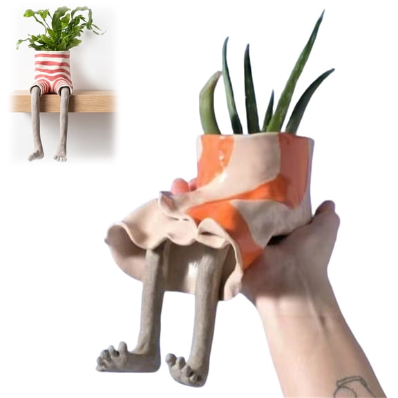 Leggy Planter Set with Legs, Creative Human Shaped Resin Pot, Funny Sitting Planter Blue Jeans Style for Plants(Orange)