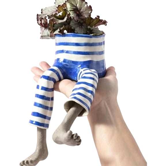 Leggy Resin Planter Creative Sitting Human Shaped Pot with Drainage for Succulents Cactus.(Blue Stripes)