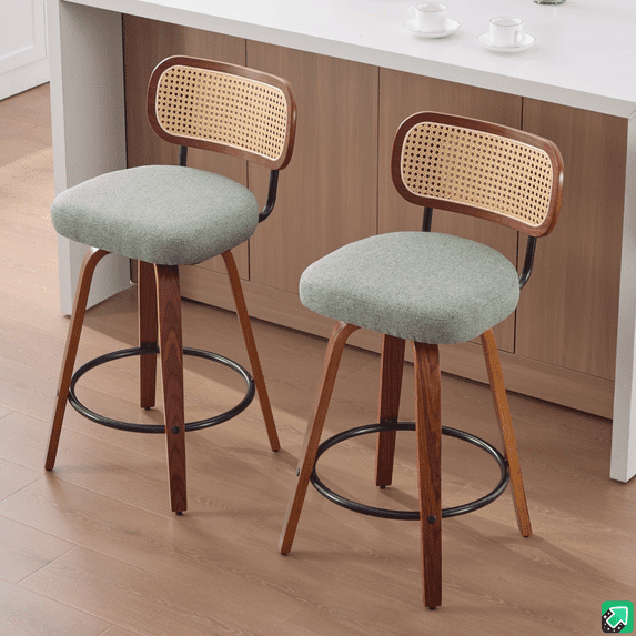 LEGAHOME Bar Stools set of 2, 26” Swivel Counter Height Bar Stools with Cane Rattan Back and Linen Seat, Modern Farmhouse Bar Stools for Kitchen Island, Bar, Dining Room, Walnut + Green