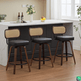 thumbnail image 1 of LEGAHOME Bar Stools set of 3, 26” Swivel Counter Height Bar Stools with Cane Rattan Back and Leather Seat, Mid-Century Modern Bar Stools for Kitchen Island, Bar, Dining Room, Walnut + Black, 1 of 7