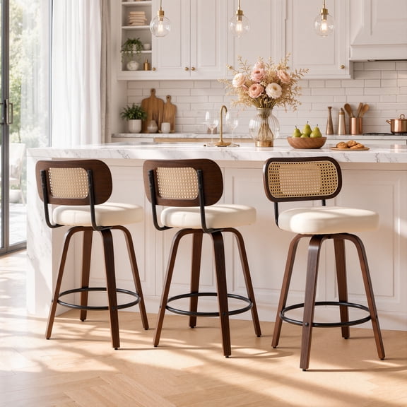 LEGAHOME Swivel Bar Stools Set of 3, 26” Upholstered Counter Height Bar Stools with Curved Backrest and Wood Legs, Mid-Century Modern Barstools for Kitchen Island, 300 lbs, Walnut + Beige