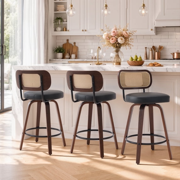 LEGAHOME Swivel Bar Stools Set of 3, 26” Upholstered Counter Height Bar Stools with Rattan Back and Wood Legs, Mid-Century Modern Barstools for Kitchen Island, 300 lbs, Walnut + Black