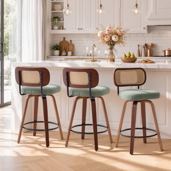 LEGAHOME Swivel Bar Stools Set of 3, 26” Upholstered Counter Height Bar Stools with Rattan Back and Wood Legs, Mid-Century Modern Barstools for Kitchen Island, 300 lbs, Walnut + Green