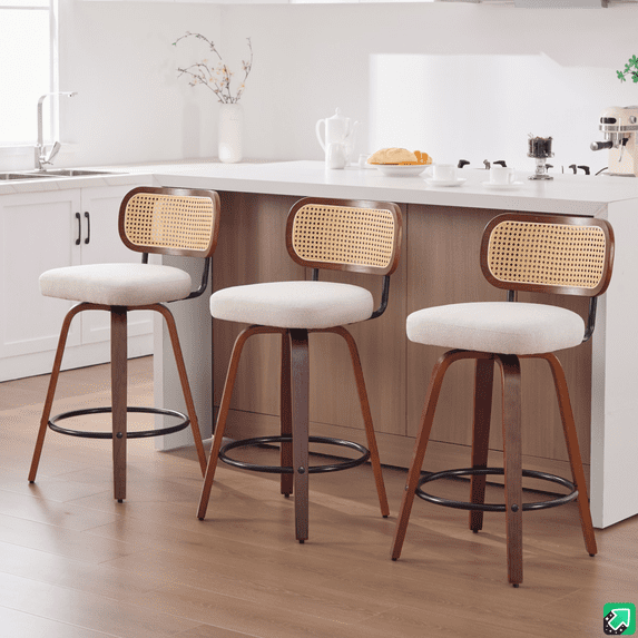 LEGAHOME Bar Stools set of 3, 26” Swivel Counter Height Bar Stools with Cane Rattan Back and Linen Seat, Mid-Century Modern Bar Stools for Kitchen Island, Bar, Dining Room, Walnut + Beige