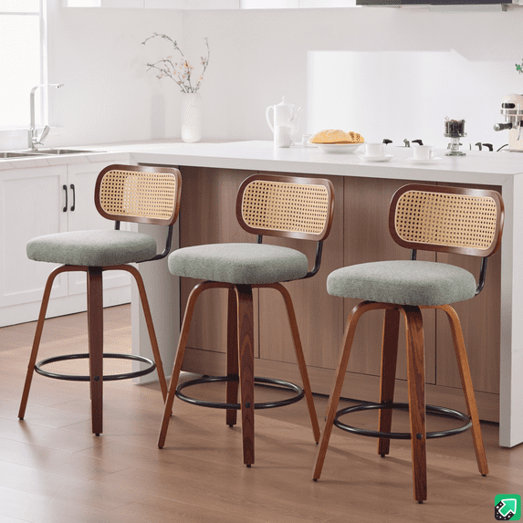 LEGAHOME Bar Stools set of 3, 26” Swivel Counter Height Bar Stools with Cane Rattan Back and Linen Seat, Mid-Century Modern Bar Stools for Kitchen Island, Bar, Dining Room, Walnut + Light Green