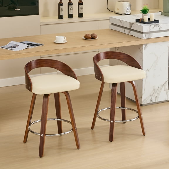 LEGAHOME Upholstered Bar Stools Set of 2, 25” Swivel Counter Height Bar Stools with Sponge Cushion and Leather Seat, Modern Bar Stools with Wooden Legs for Kitchen, Bar, Dining Room, Walnut Beige