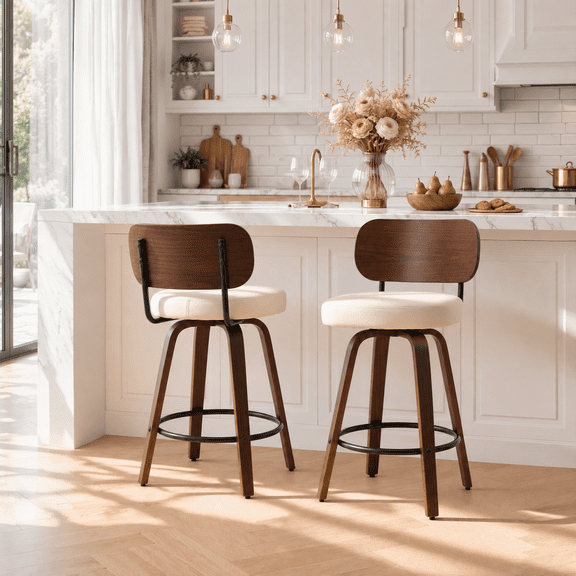 LEGAHOME Swivel Bar Stools Set of 2, 26” Upholstered Counter Height Bar Stools with Curved Backrest and Wood Legs, Mid-Century Modern Barstools for Kitchen Island, 300 lbs, Walnut + Beige