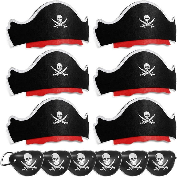 Legigo 12 Pcs Classic Pirate Costume Cap & Eye Mask - 6 Pcs Pirate Captain Hat & Eye Patch for Cosplay, Funny Party Hat for Caribbean Fancy Dress, Halloween Decorations