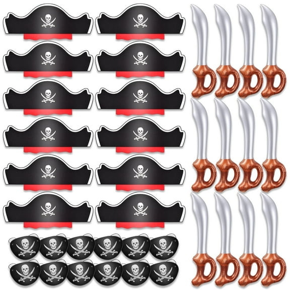 36 Pcs Funny Pirate Party Set- Include 12 Pirate Hats, 12 Eye Patches, 12 Inflatable Swords for Pirate Party Cosplay Caribbean Dress Accessories
