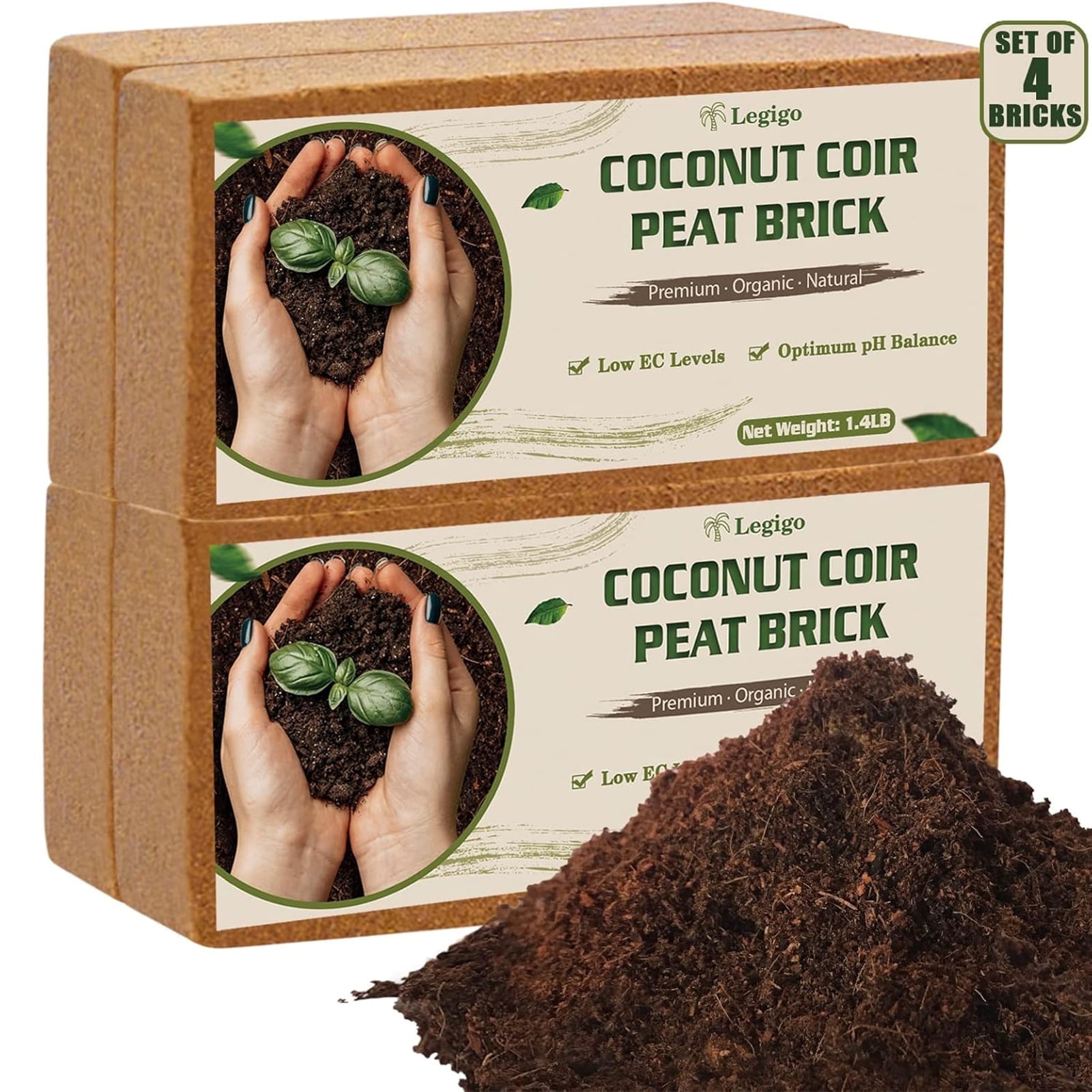 Legigo 4 Pack Premium Coco Coir Brick for Plants- 100% Organic Compressed Coconut Coir Bricks Starting Mix, Coco Coir Fiber Coconut Husk for Planting, Gardening, Potting Soil Substrate, Herbs