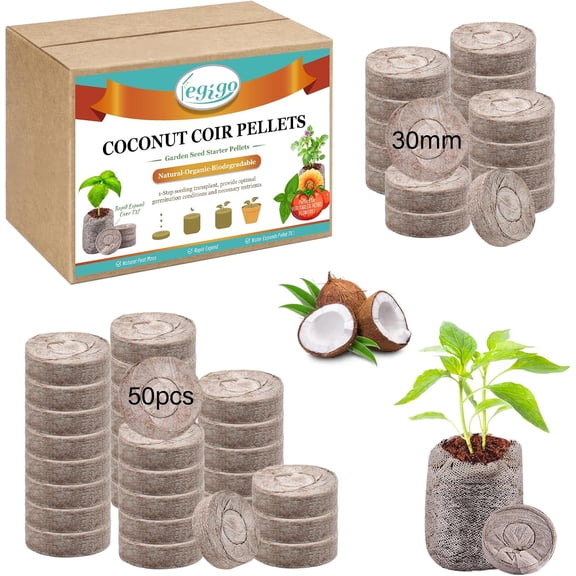 Legigo 50 PCS 30mm Coco Coir Pellets Seed Starter Pods, Compressed Seed Starting Coconut Coir Pellets Soil Plugs for Seedlings, Seeds Plant Starter Pods for Garden Planting Herbs Flowers Vegetables