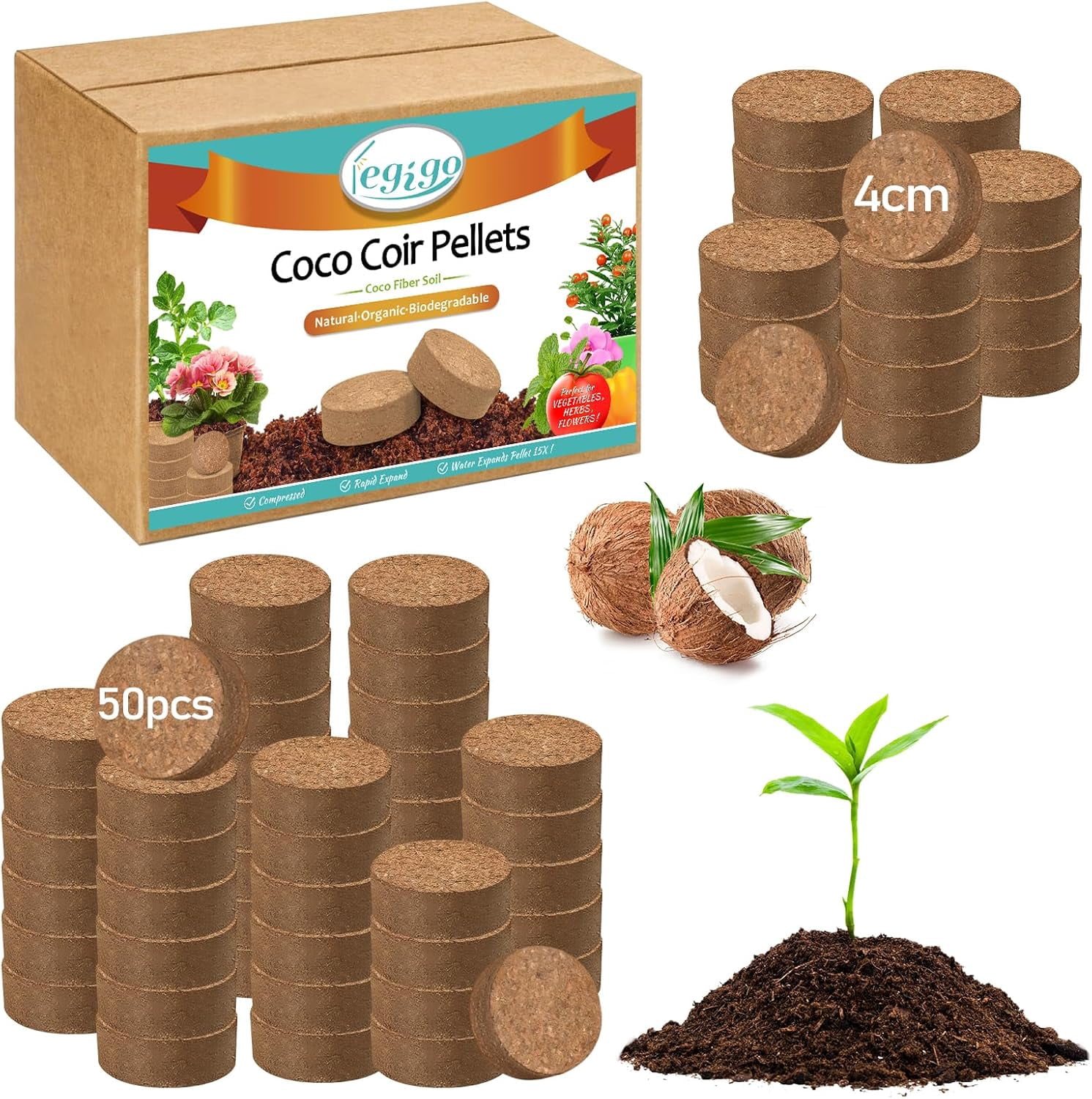 Legigo 50 PCS 40mm Coco Coir Pellets Potting Soil Mix- Compressed Coconut Coir Discs Seed Starting Soil Pellets, Coco Peat Soil Pods for Indoor & Outdoor Plants, Gardening Herbs Bonsai and Vegetables