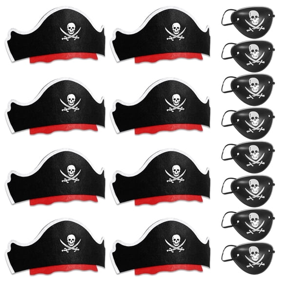 Legigo Pirate Hat & Eye Mask Set, 16 Pcs Classic Costume Cap Skull Print, Adjustable Size for Pirate Party Cosplay, Funny Party Hat for Halloween, Caribbean Fancy Dress