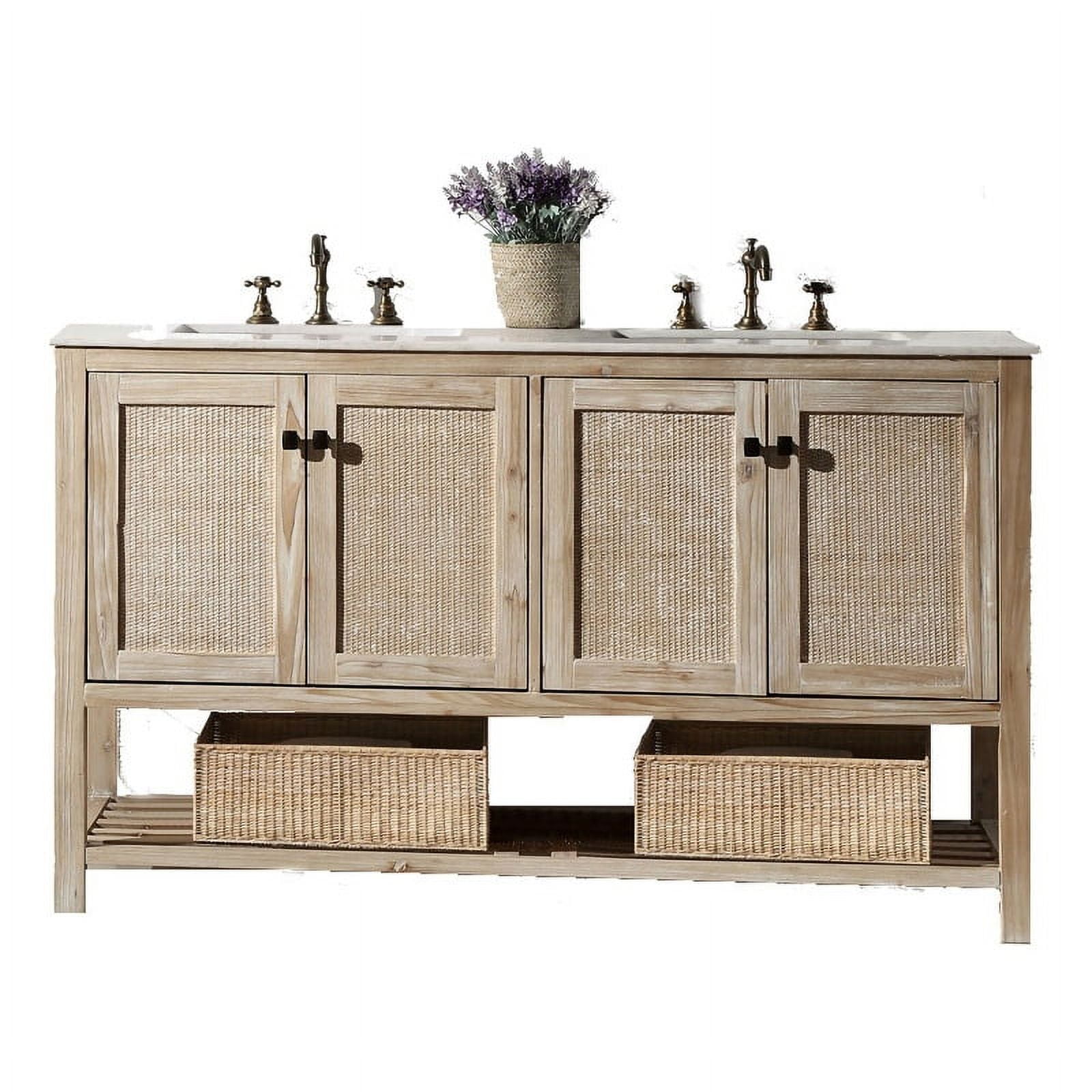 60'' White Wash Fir Wood Double Bathroom Vanity with Marble Top