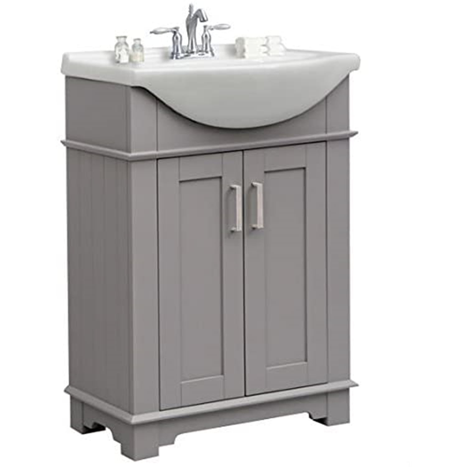 Gray Solid Poplar Single Sink Bathroom Vanity with White Ceramic Bowl
