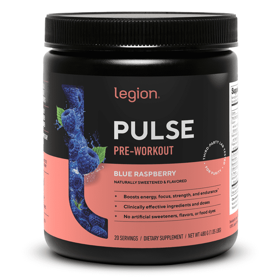 Legion Athletics Pulse Pre-Workout Supplement, Blue Raspberry, Naturally Sweetened With No Added Sugar, 350mg Caffeine, 20 Servings, High Performance Energy & Focus Powder