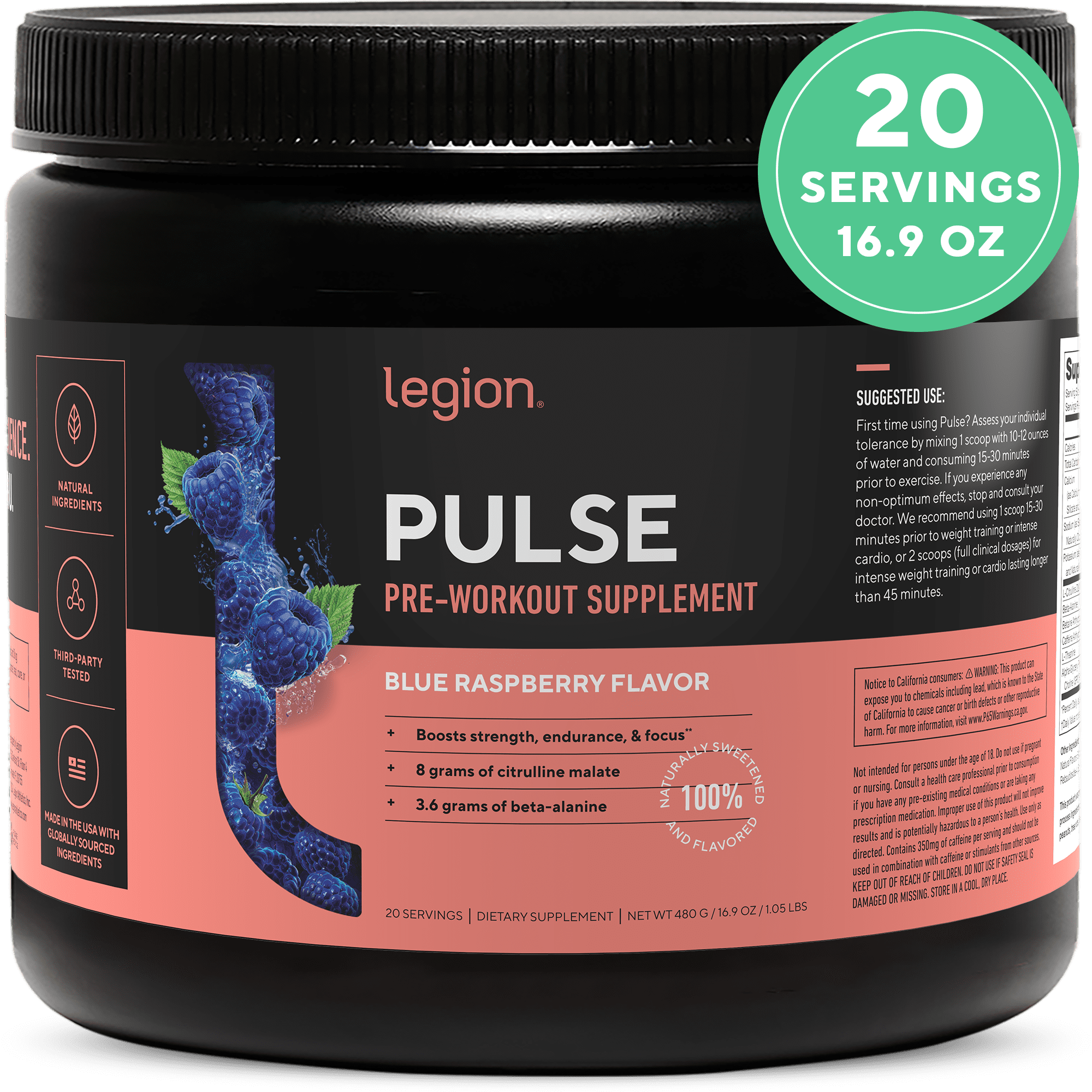 Legion Nutritional Pre Workout Powder with Caffeine, Protein for Energy, Blue Raspberry, 20 Servings