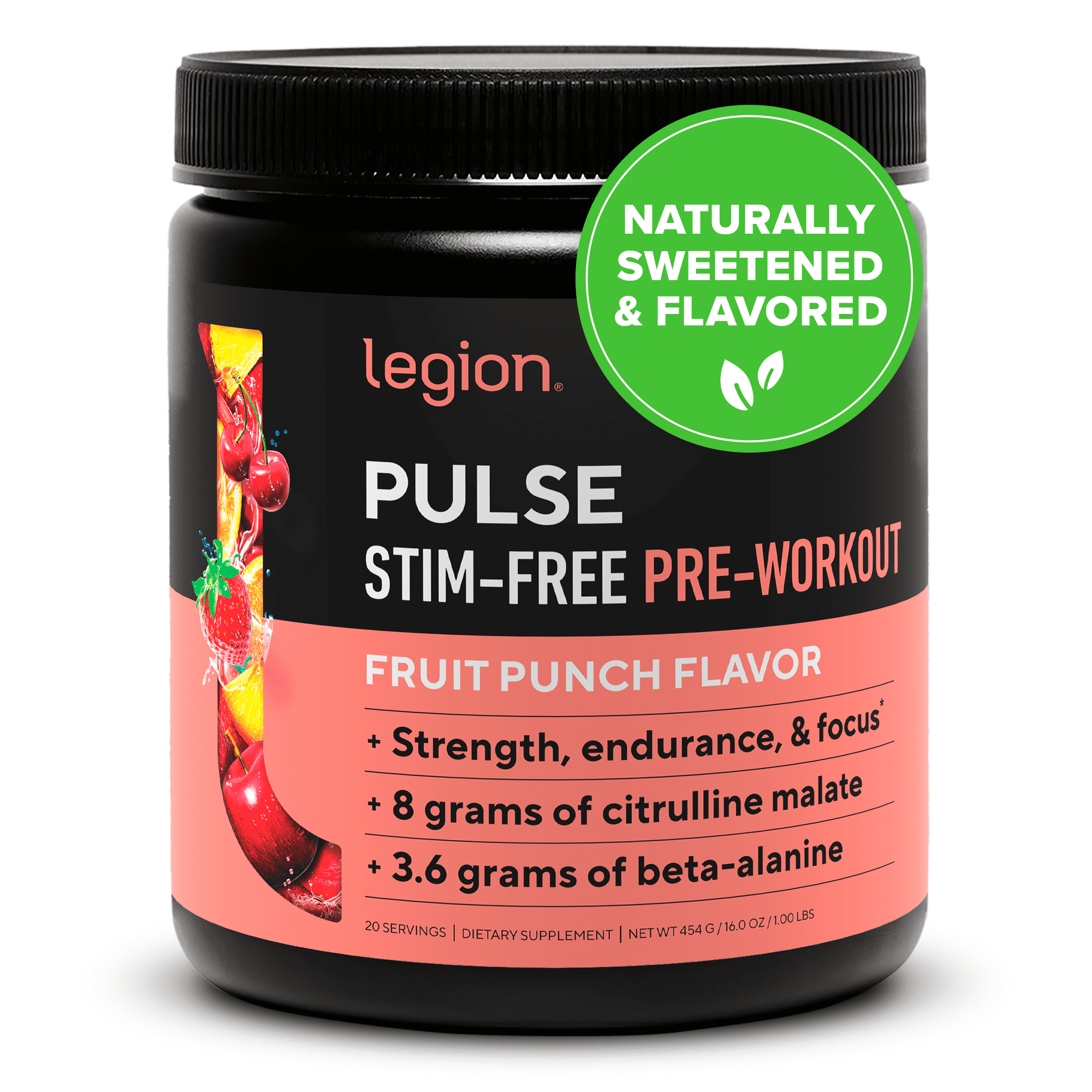 Legion Pulse Pre Workout, Caffeine Free, Fruit Punch, 20 Servings