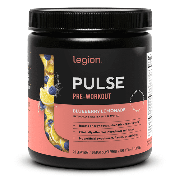 Legion Athletics Pulse Pre-Workout Supplement, Blueberry Lemonade, Naturally Sweetened With No Added Sugar, 350mg Caffeine, 20 Servings, High Performance Energy & Focus Powder