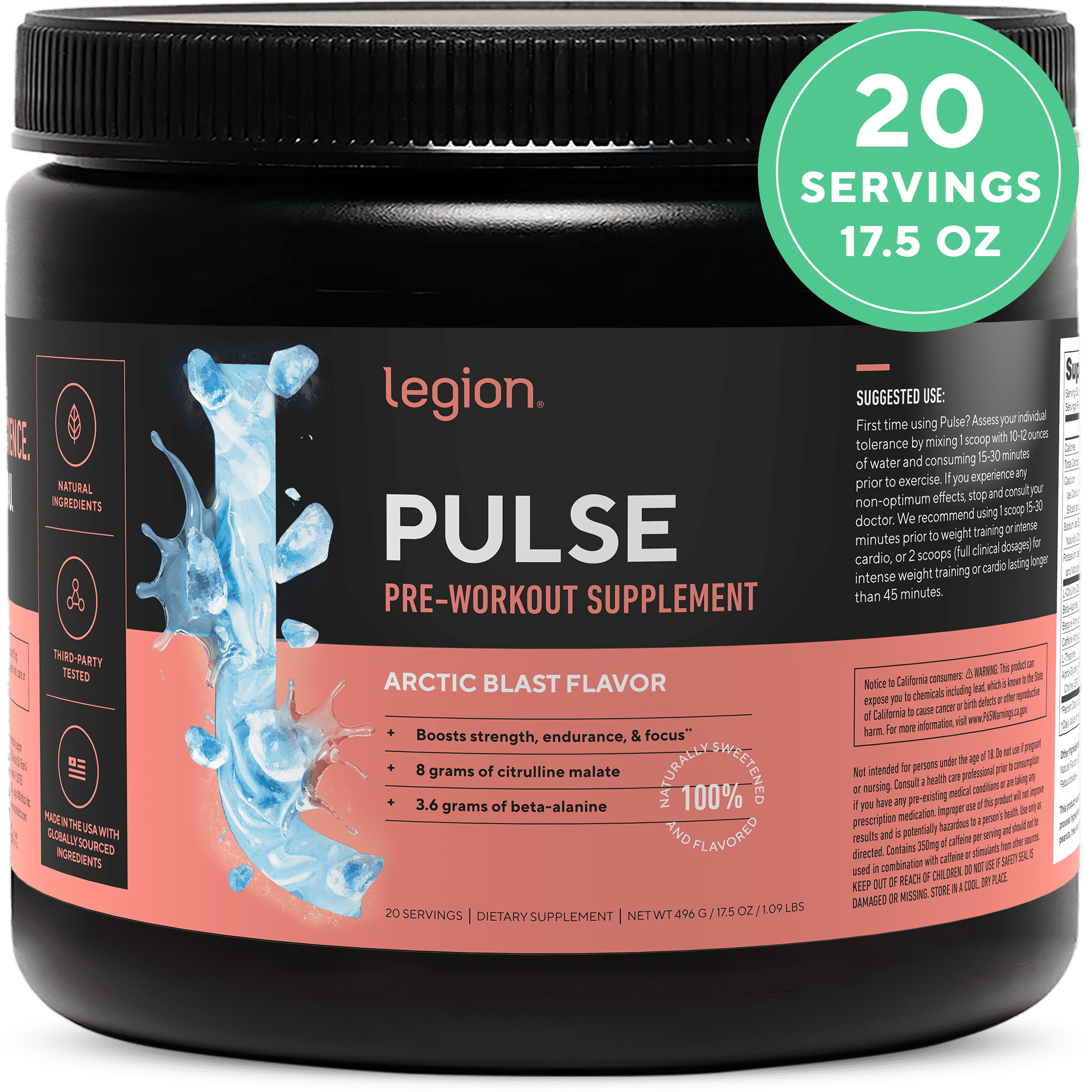 Legion Pulse Pre Workout with Caffeine for Energy, Arctic Blast, 20