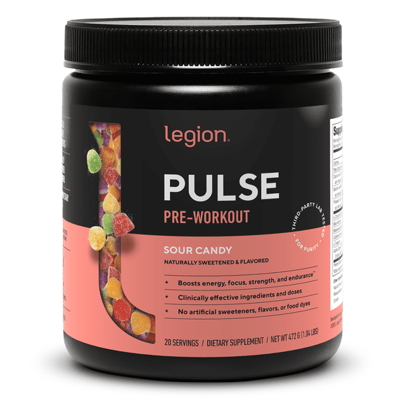 Legion Athletics Pulse Pre-Workout Supplement, Sour Candy, Naturally Sweetened With No Added Sugar, 350mg Caffeine, 20 Servings, High Performance Energy & Focus Powder