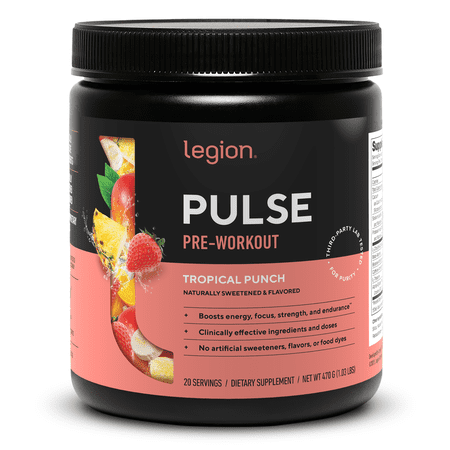 Legion Athletics Pulse Pre-Workout Supplement, Tropical Punch, Naturally Sweetened With No Added Sugar, 350mg Caffeine, 20 Servings, High Performance Energy & Focus Powder