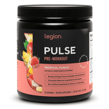 Legion Athletics Pulse Pre-Workout Supplement, Tropical Punch, Naturally Sweetened With No Added Sugar, 350mg Caffeine, 20 Servings, High Performance Energy & Focus Powder
