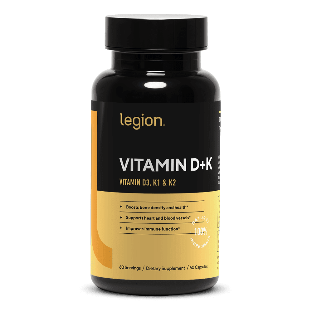 Legion Athletics Vitamin D+K Supplement, Vitamin D3, K1 & K2 MK-7, Bone, Immune & Heart Support, 60 Veggie Capsules