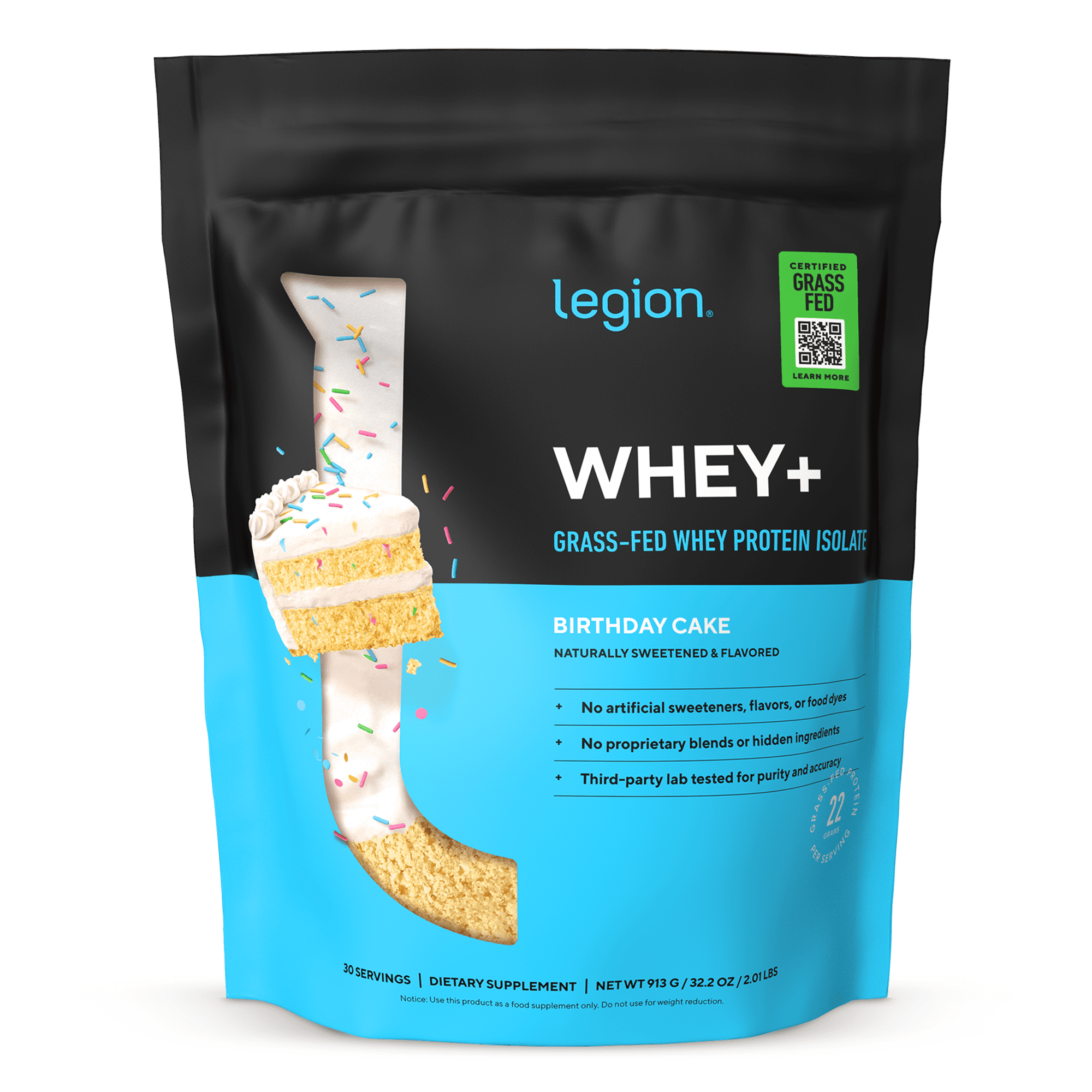 Legion Athletics Whey+ Whey Protein Isolate Powder, Birthday Cake, 22g Protein, 30 Servings, Naturally Sweetened, No Added Sugar