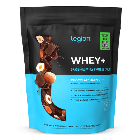 Legion Athletics Whey+ Whey Protein Isolate Powder, Chocolate Hazelnut, 22g Protein, 30 Servings, Naturally Sweetened, No Added Sugar