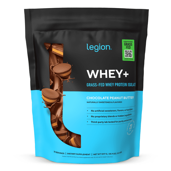 Legion Athletics Whey+ Whey Protein Isolate Powder, Chocolate Peanut Butter, 22g Protein, 30 Servings, Naturally Sweetened, No Added Sugar