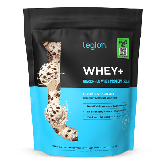 Legion Athletics Whey+ Whey Protein Isolate Powder, Cookies & Cream, 22g Protein, 30 Servings, Naturally Sweetened, No Added Sugar