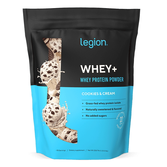 Legion Athletics Whey+ Whey Protein Isolate Powder, Cookies & Cream, 22g Protein, 60 Servings, Naturally Sweetened, No Added Sugar