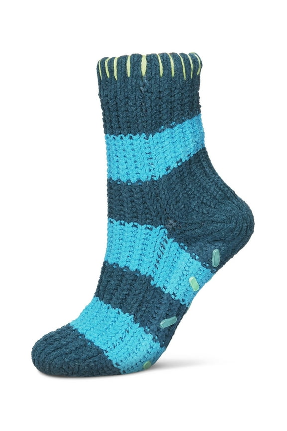 Women's Wide Stripe Chenille Non-Skid Slipper Crew Sock - Womens - Female, One Size, Purple Pennant