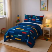 LEGO®, Brick Stripe, Navy, Kids, Quilt and Sham Bedding Set, Queen 86" x 86"
