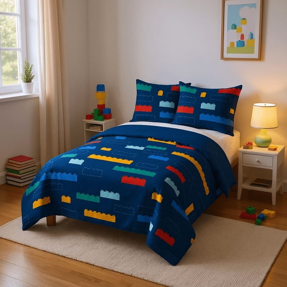 LEGO®, Brick Stripe, Navy, Kids, Quilt and Sham Bedding Set, Queen 86" x 86"